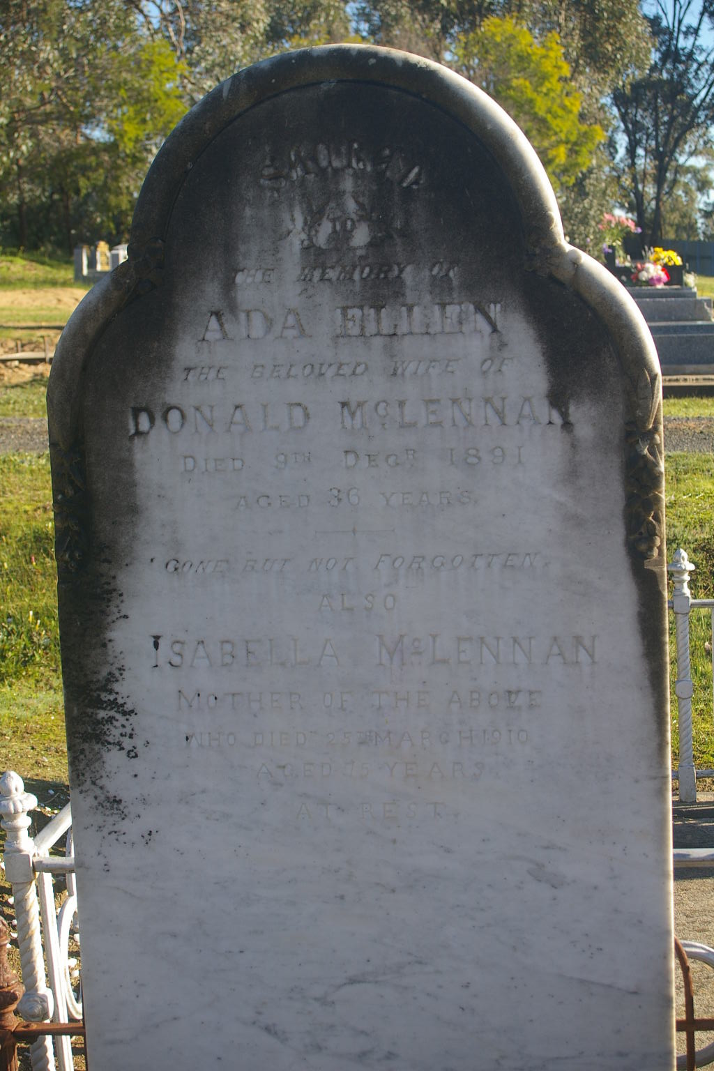 Photo of headstones/Donald McLennan d1891 hdstn Heathcote & Ada Ellen, Isabella